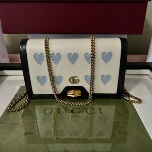 Gucci Black and Cream Clutch with Blue Hearts
